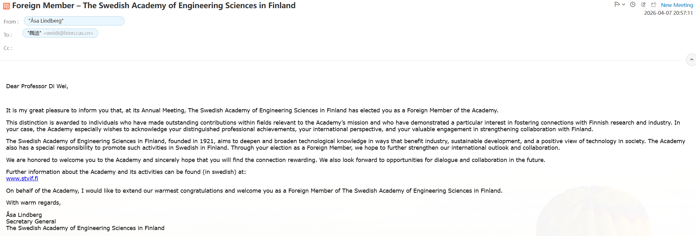 芬兰瑞典工程科学院外籍院士（LSTV）